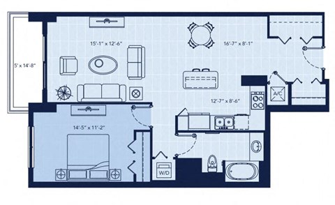 Floor plan for 1 bed, 1 bath, 944 sqft